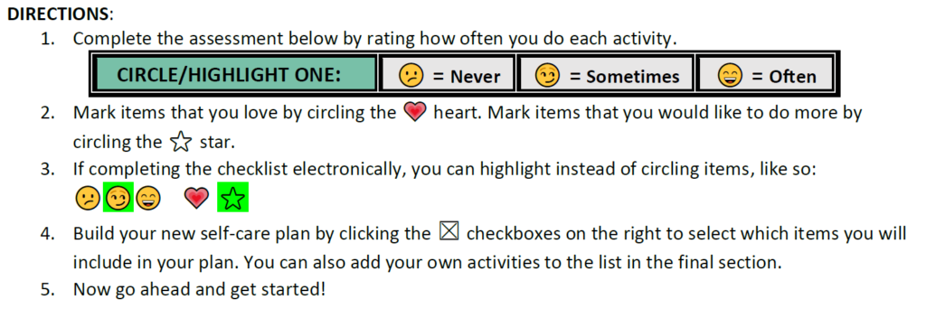 self-care checklist assessment tool
