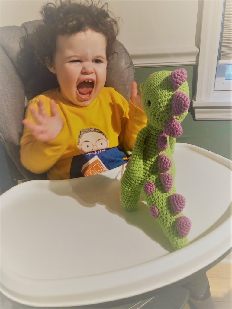 toddler girl with stuffed dinosaur from Etsy
