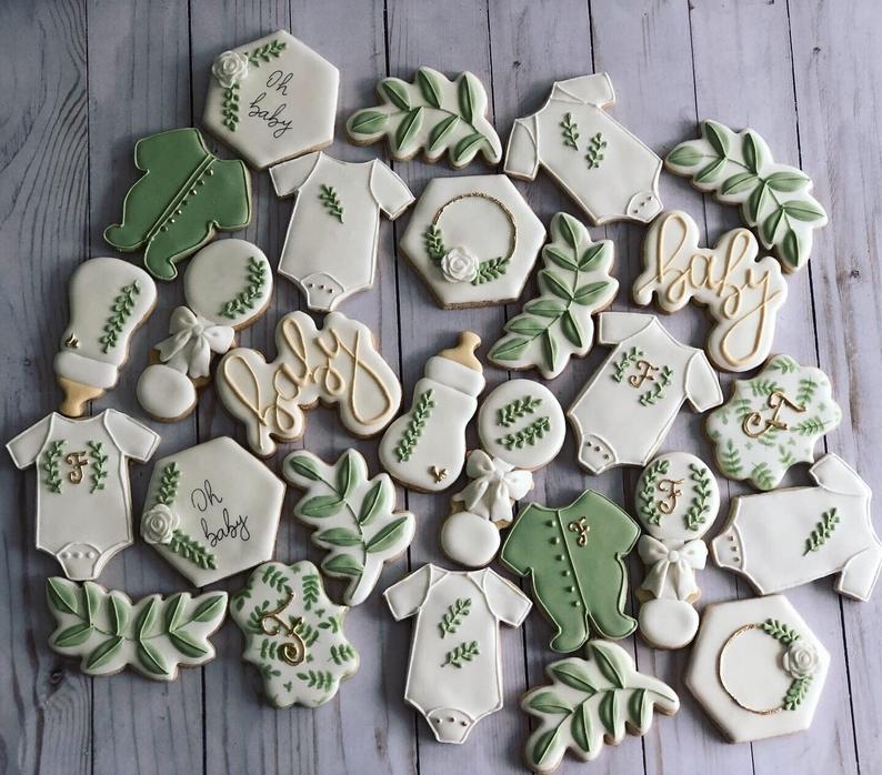 greenery themed baby shower cookie favors