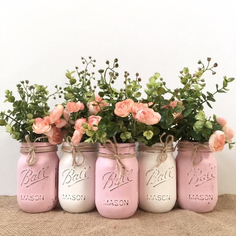 pink painted mason jar flower display