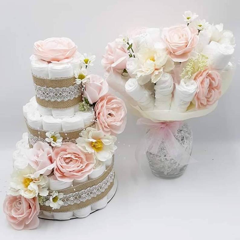 Diaper cake and diaper bouquet