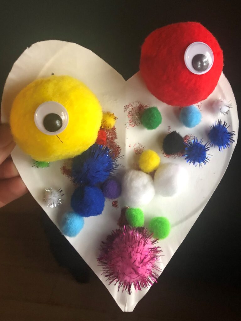 glitter glue pompoms heart googly eyes kids craft