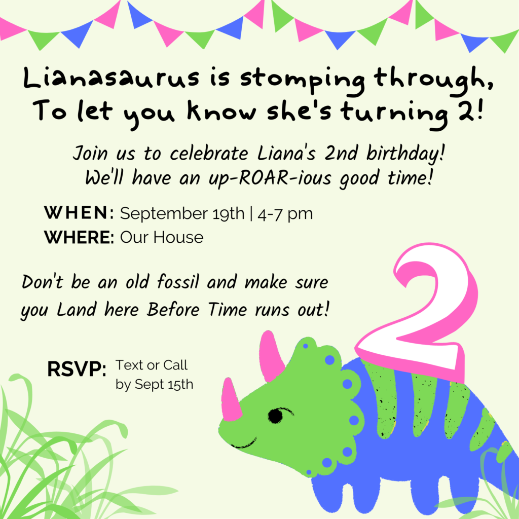 dinosaur birthday party invitation made on Canva